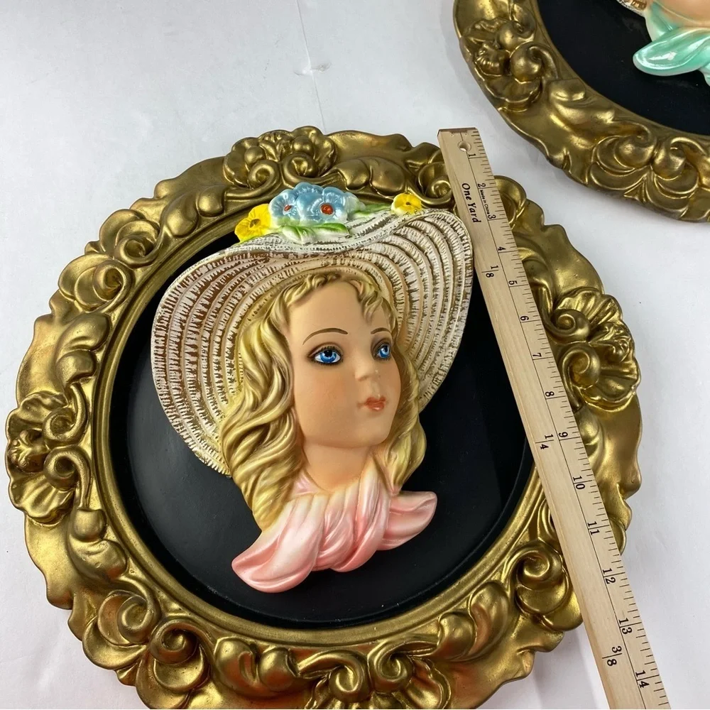 Pair of 60s Chalk Ware Oval Plaques 3D Ladies by Michigan Composition Lamp Co.